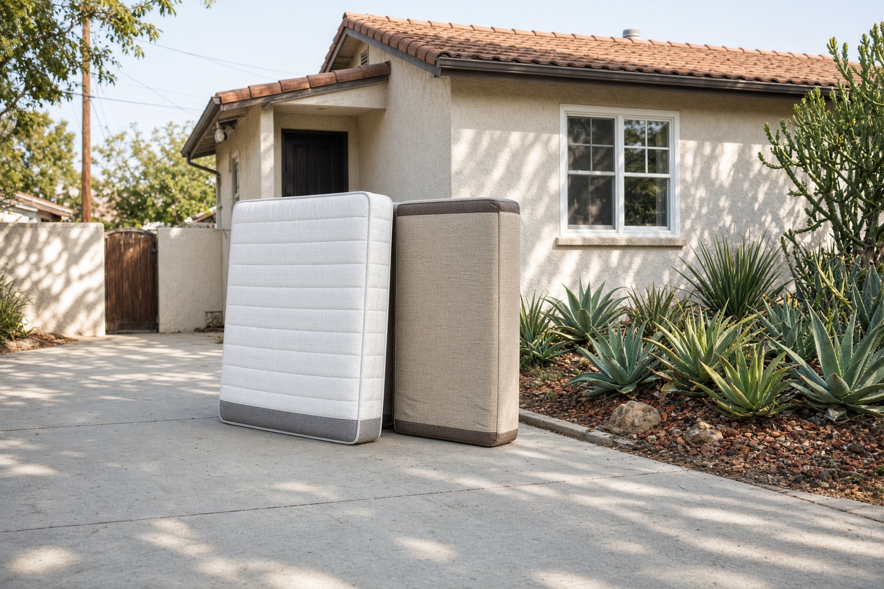 Mattress and box spring staged on a San Diego driveway for same day removal